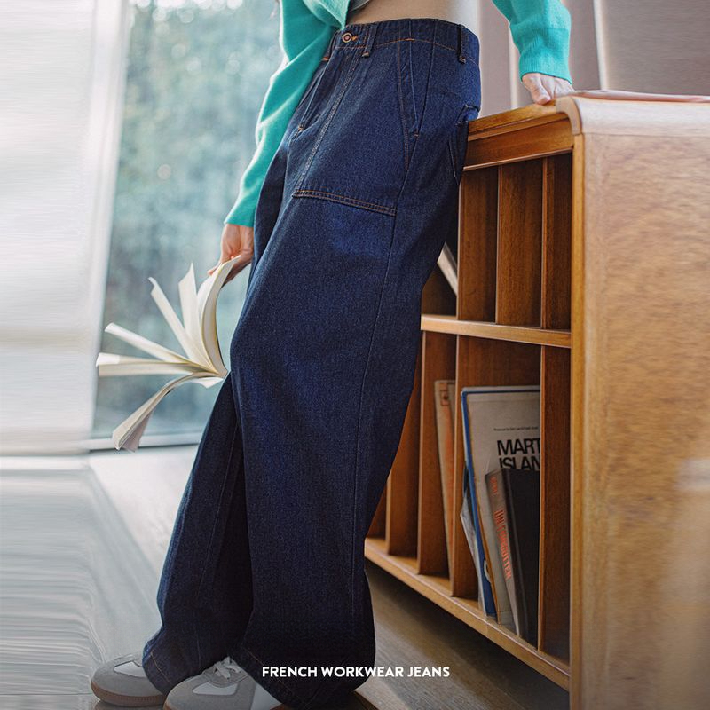 馬登女裝 復古直筒法工褲水洗牛仔褲垂感闊腿褲寬鬆休閒長褲秋冬
