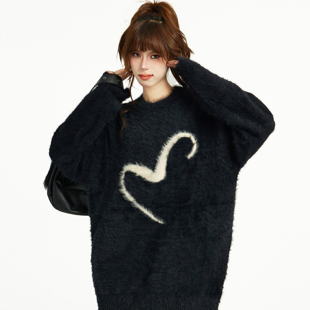 黑色套頭毛衣秋冬季寬鬆慵懶風針織軟糯馬海毛加厚長款設計感毛衣