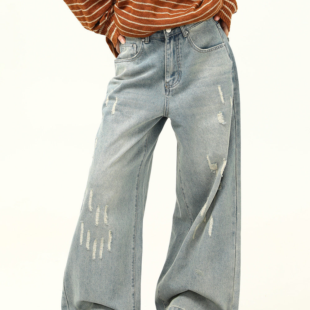 美式復古做舊磨破設計感情侶牛仔褲寬鬆闊腿拖地老爹褲子
