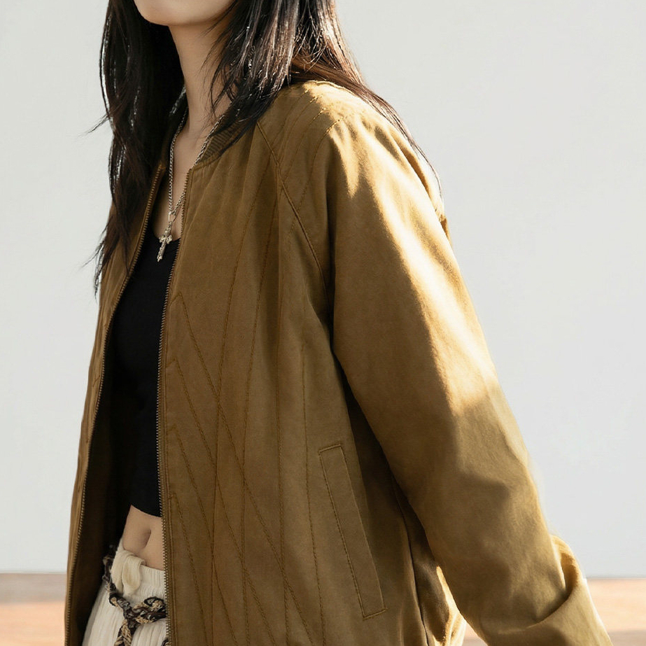 馬登女裝 美式巴恩风棕色飞行棒球服正肩工装夹克短款外套春秋