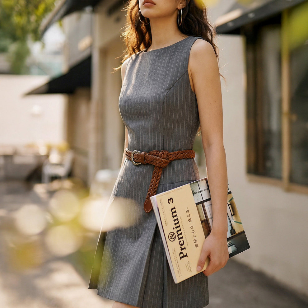 馬登女裝 灰色輕職場西裝瑞秋裙子知識份子無袖背心收腰連衣身長裙夏季