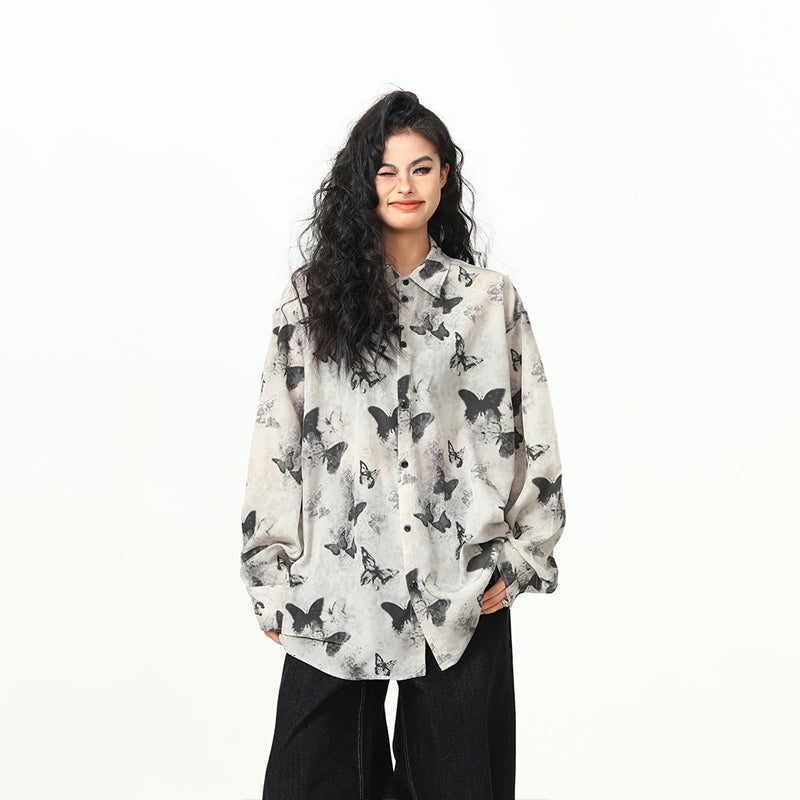 古著感蝴蝶印花短袖襯衫女美式個性夏季涼感襯衣