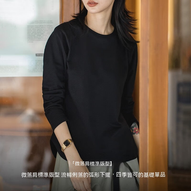 馬登女裝 雙紗純棉重磅長袖T恤春秋圓領衛衣基礎款打底衫
