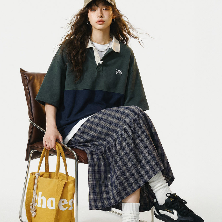 馬登女裝 藍綠色復古鬆緊腰A字蛋糕裙日系百褶拼接格子紋半身長裙春季