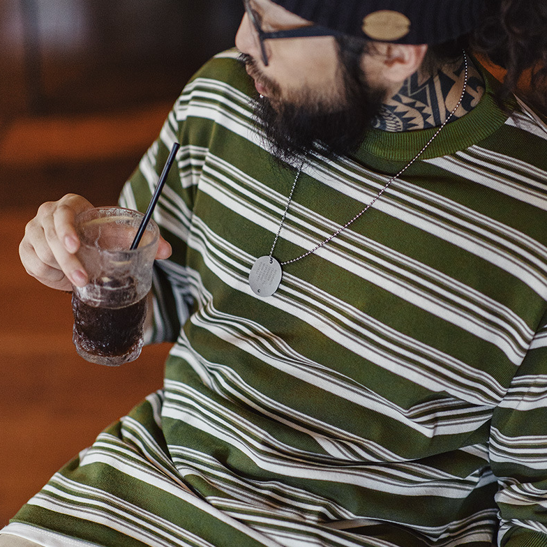 馬登工裝 美式復古撞色條紋長袖T恤羅紋圓領內搭針織打底衫男秋