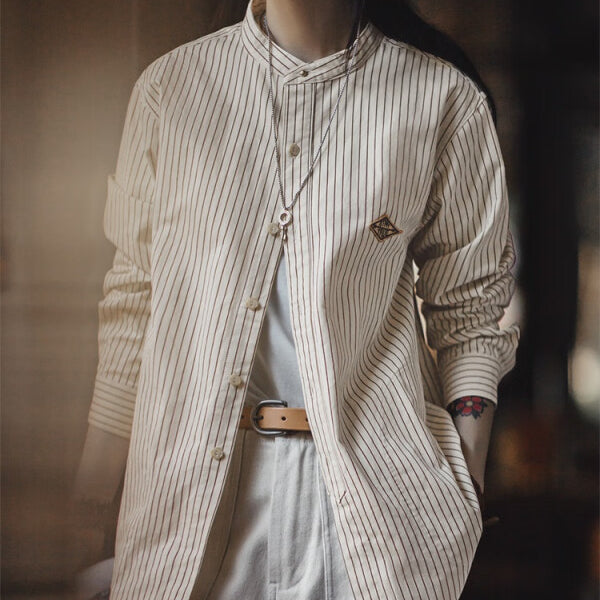 馬登女裝 法式復古細條紋長袖襯衫寬鬆設計感棒球襯衫外套