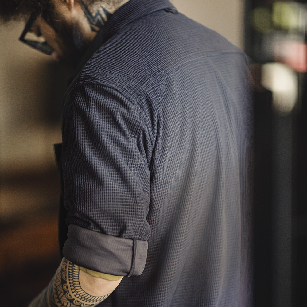 馬登工裝 美式復古玉米粒格子襯衫翻領純色休閒鬆弛感長袖襯衣男春秋