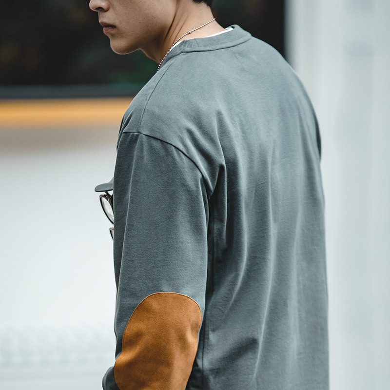 馬登工裝 復古麂皮絨拼接貼布棉長袖T卹寬鬆落肩圓領口袋衛衣