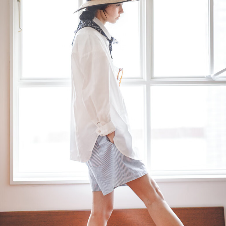 馬登女裝 藍白條紋休閒A字短褲純棉寬鬆顯瘦高腰運動闊腿短褲