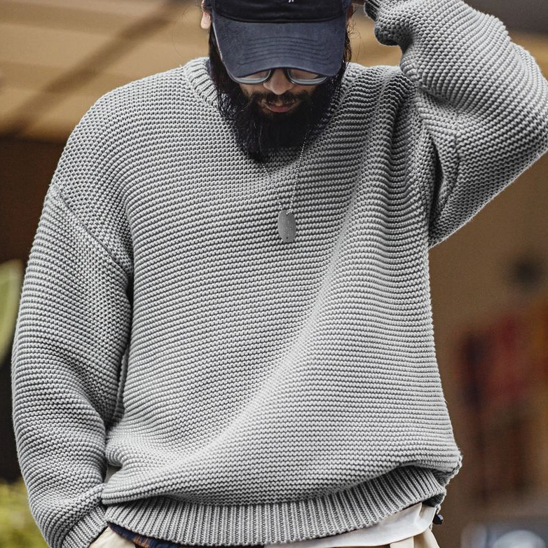 馬登工裝 美式復古重磅肌理針織毛衣寬鬆落肩圓領套頭打底衫男秋冬