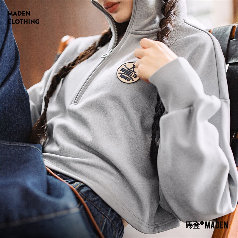 馬登女裝 格雷系高領道奇隊棒球夾克加絨半拉鍊針織長袖衛衣春秋