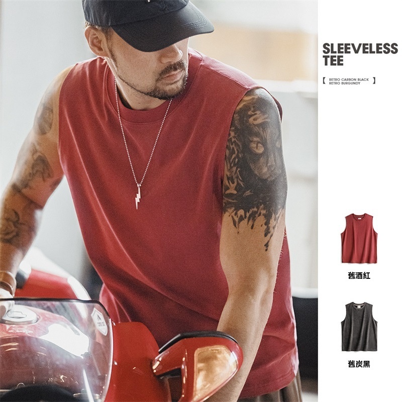 馬登工裝 美式復古硬漢做舊背心純棉運動健身打底坎肩無袖T恤夏