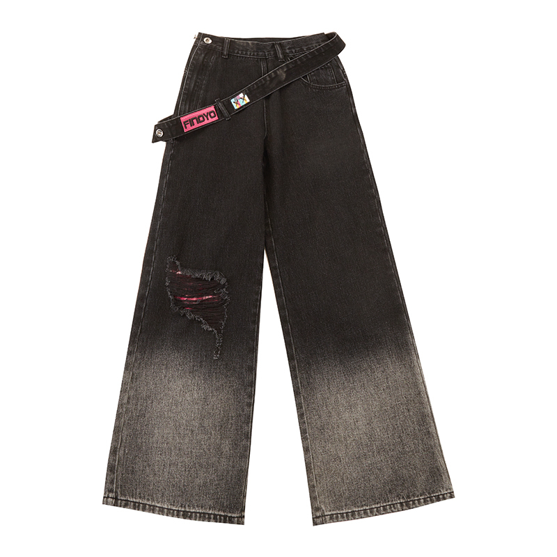 側邊拉鍊漸變黑色牛仔褲秋季高腰美式寬褲梨型身材寬鬆長褲