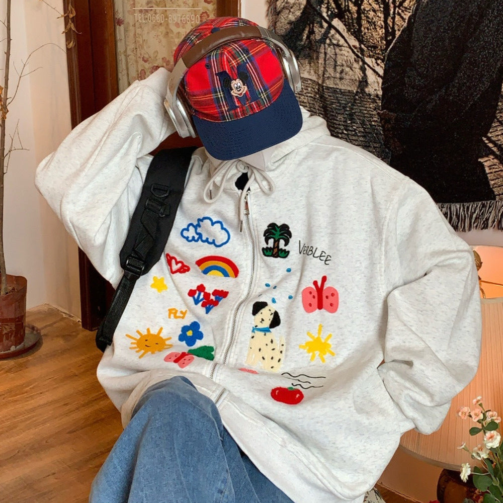 美式復古卡通毛巾繡拉鍊外套秋季休閒寬鬆連帽衛衣開衫外套