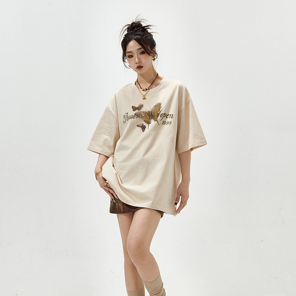 復古蝴蝶印花短袖T恤女寬鬆潮牌純棉半袖情侶上衣