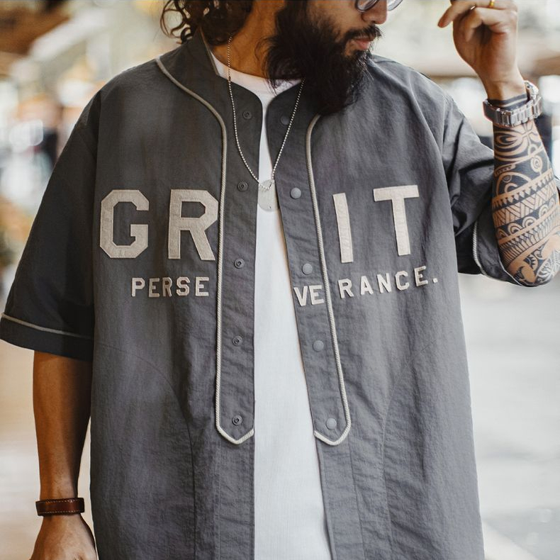 馬登工裝 美式休閒GRIT棒球服貼布繡襯衫日系灰色薄款襯衣男春夏