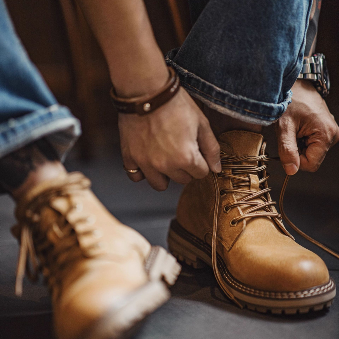 馬登男鞋 大黃靴秋冬男士休閒中幫馬丁靴子戶外美式復古工裝靴