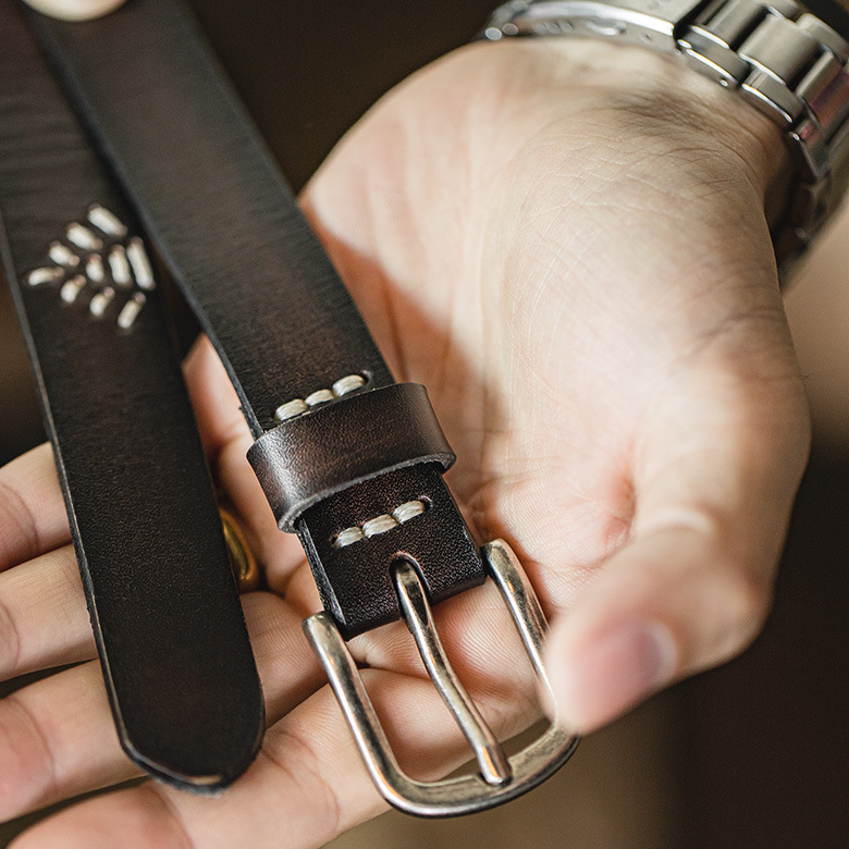 馬登工裝 復古黑色頭層牛皮腰帶阿美咔嘰針扣腰鏈配飾真皮皮帶