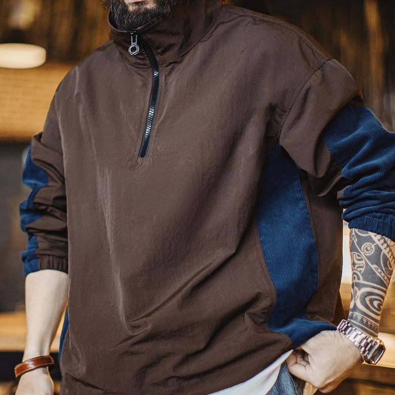 馬登工裝 美式復古拼接半拉鍊夾克翻領撞色戶外燈芯絨褶皺衛衣男春