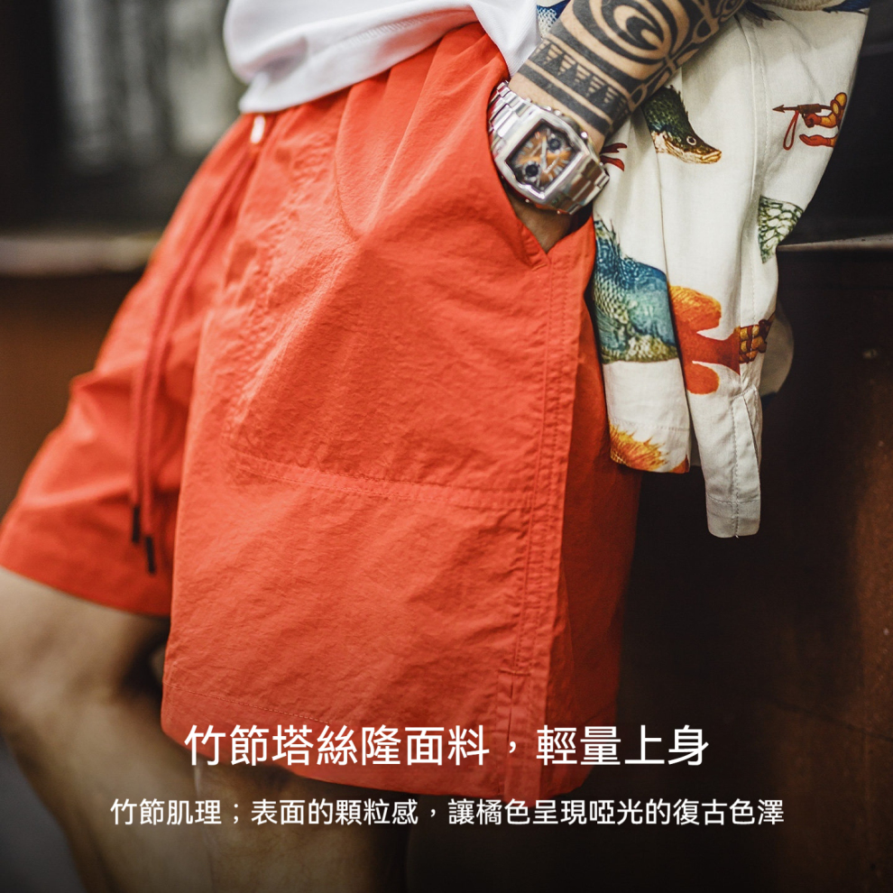 馬登工裝 美式橘紅色海邊度假沙灘短褲塔絲隆外穿休閒五分褲男夏季