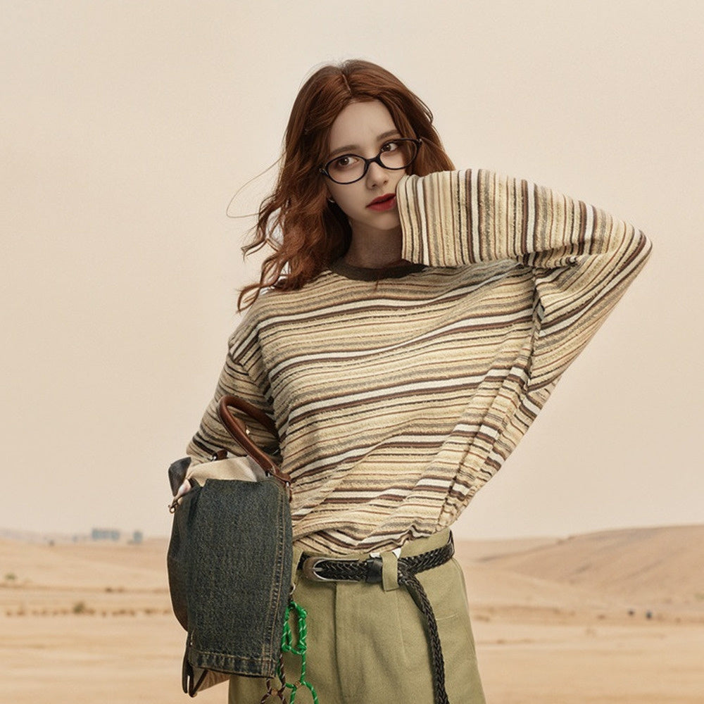 美式街頭復古拼接條紋長袖衛衣T恤女春秋寬鬆潮牌套頭上衣