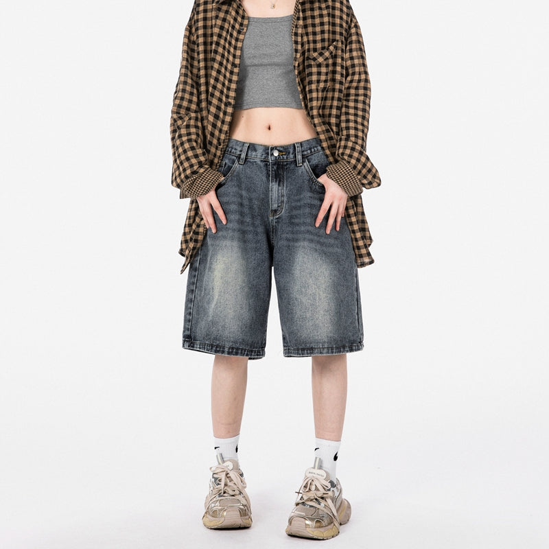 復古做舊水洗牛仔短褲女夏季寬鬆直筒顯瘦五分褲