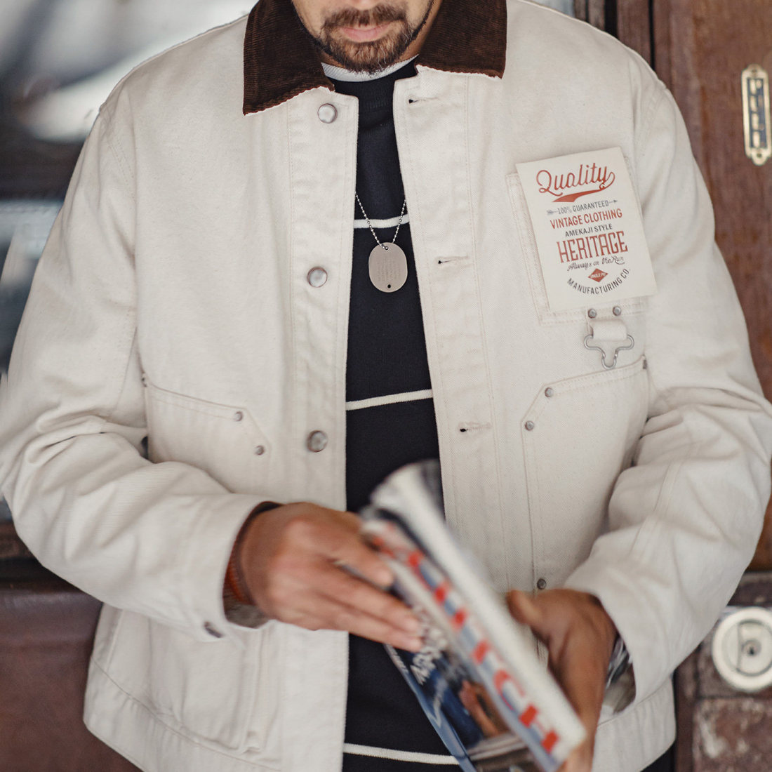 馬登工裝 美式棉籽殼J22白色翻領夾克獵裝法式燈芯絨領外套男春季