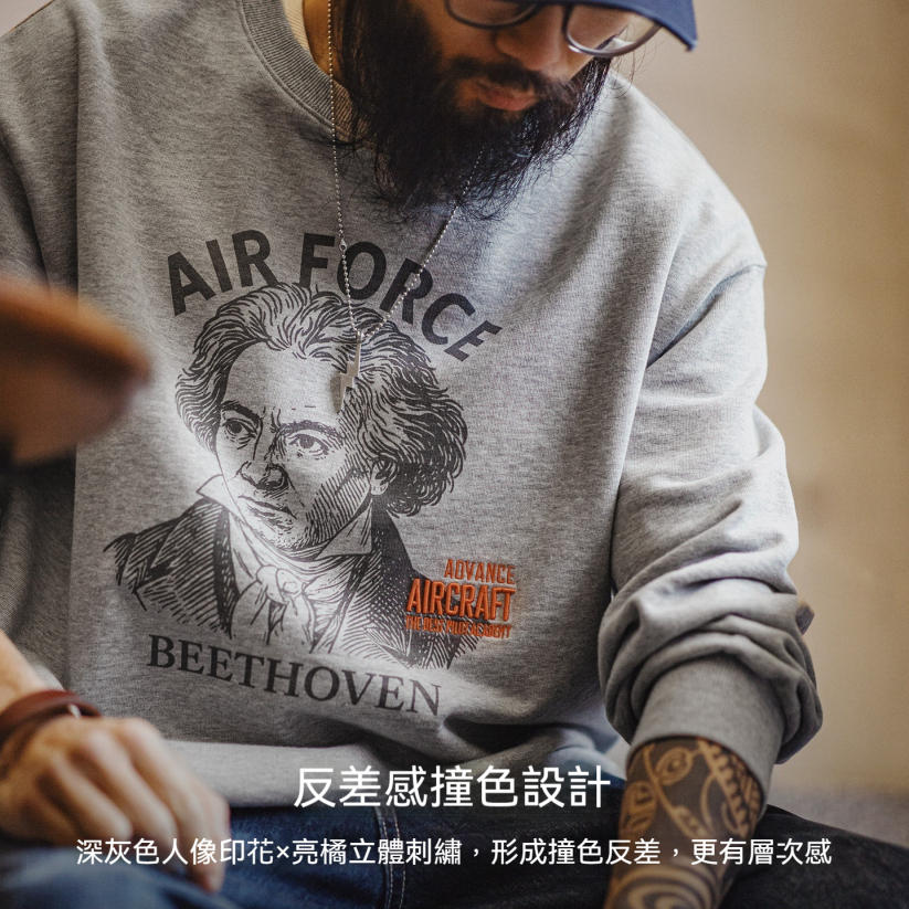 馬登工裝 美式灰色卷邊全純棉衛衣寬鬆套頭印花刺繡長袖上衣男款春