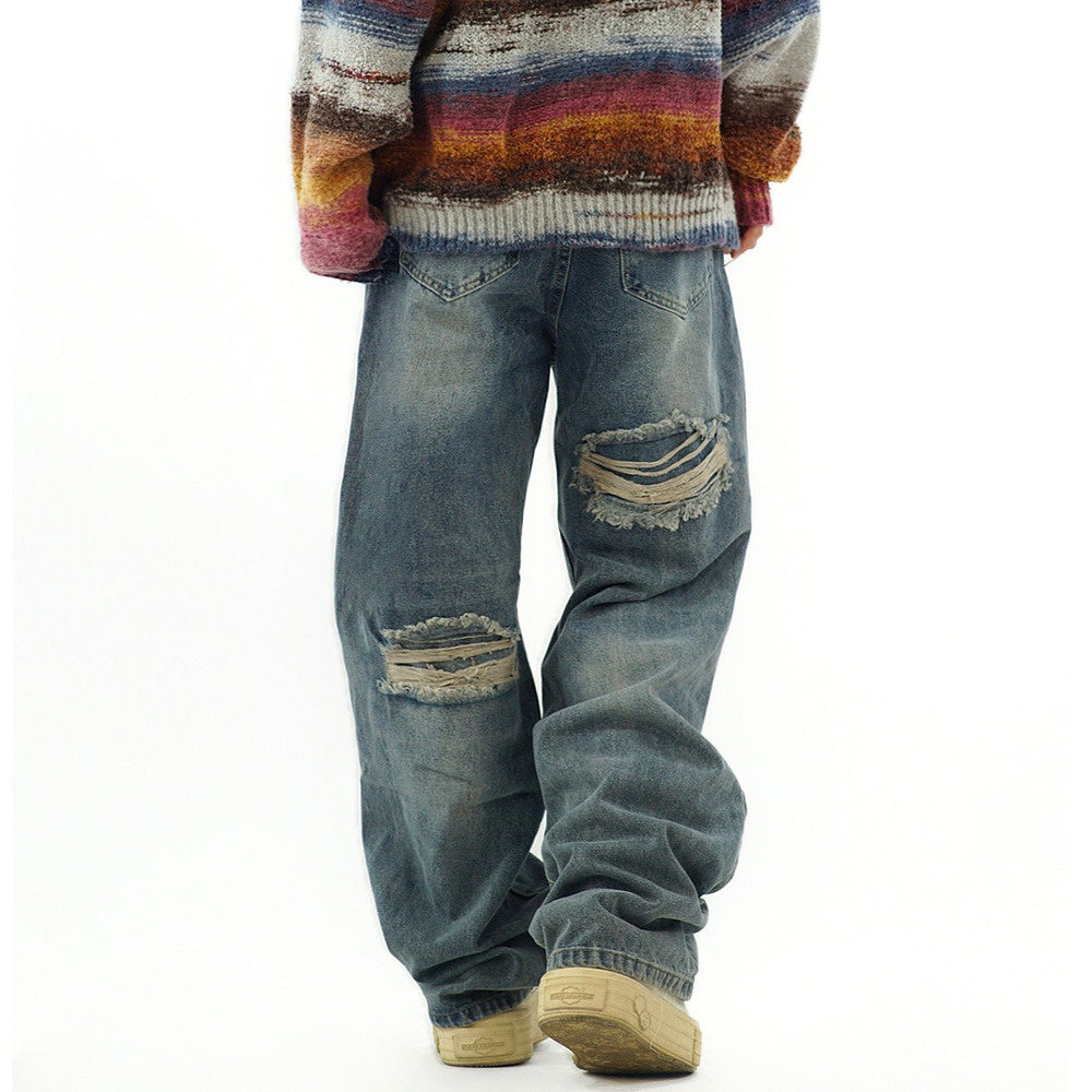 美式復古漢堡薯條破洞水洗牛仔褲寬鬆秋季街頭休閒長褲男女