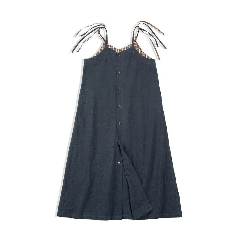 馬登女裝 復古格紋拼接背帶裙寬鬆顯瘦吊帶A字連衣長裙