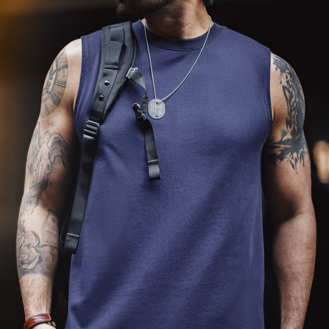 馬登工裝 美式純棉健身背心跨欄重磅無袖內搭坎肩打底衫男