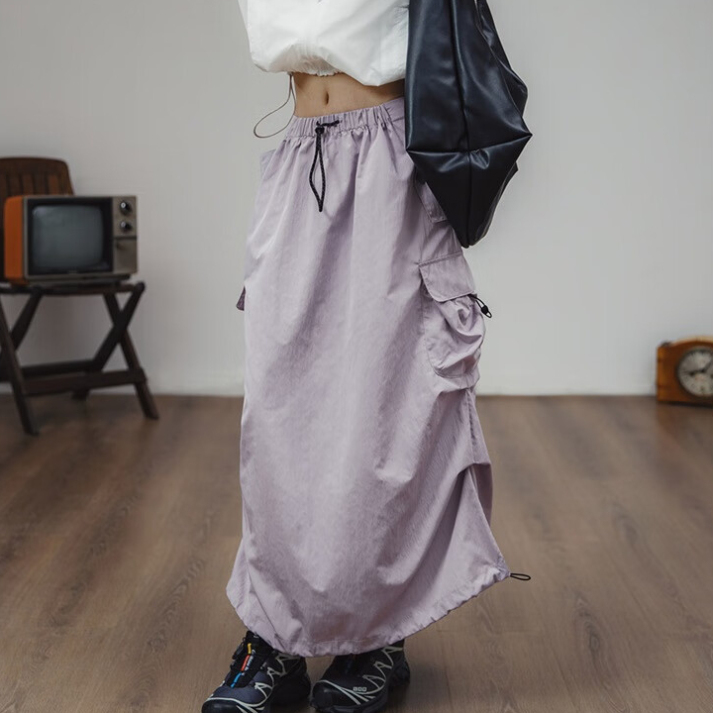 馬登女裝 復古工裝A字裙多口袋綁帶抽褶裙子顯瘦中腰半身長裙