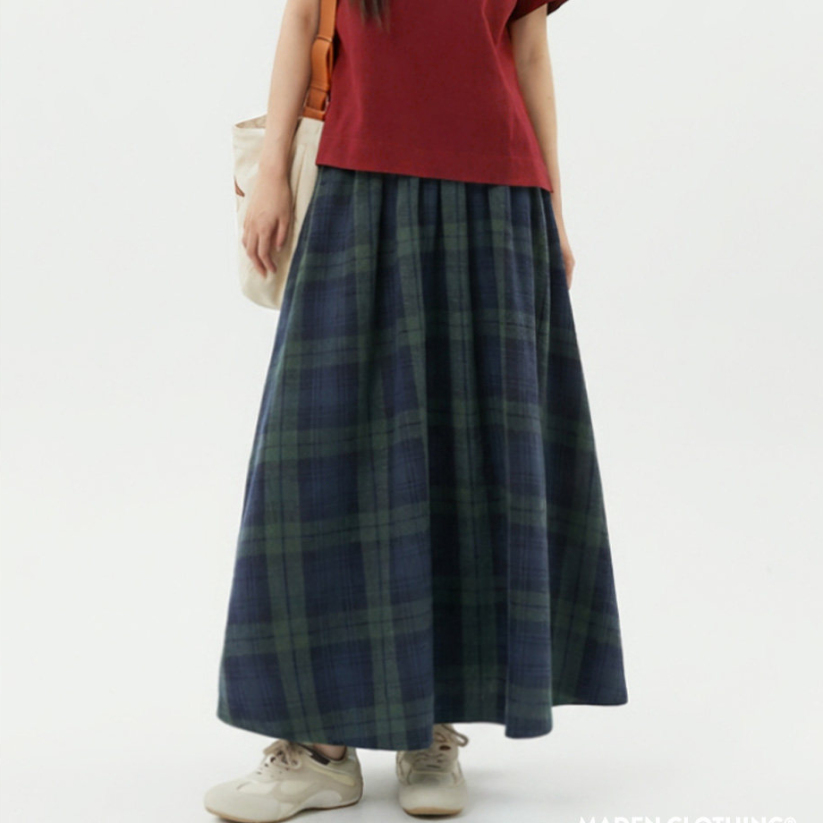 馬登女裝 復古泡泡紗格紋半身長裙全純棉鬆緊腰肌理感A字傘裙子女士春