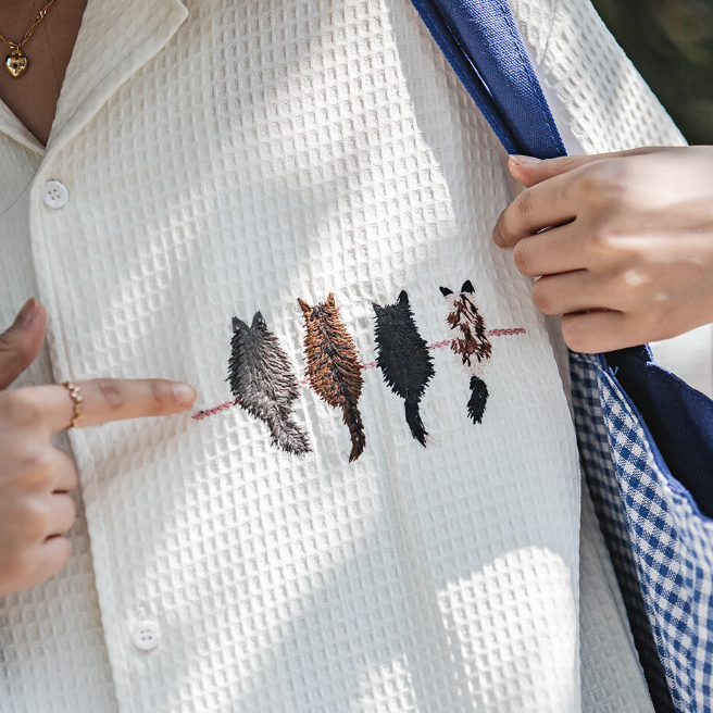 馬登女裝 休閒貓咪刺繡短袖襯衫寬鬆落肩袖華夫格襯衣