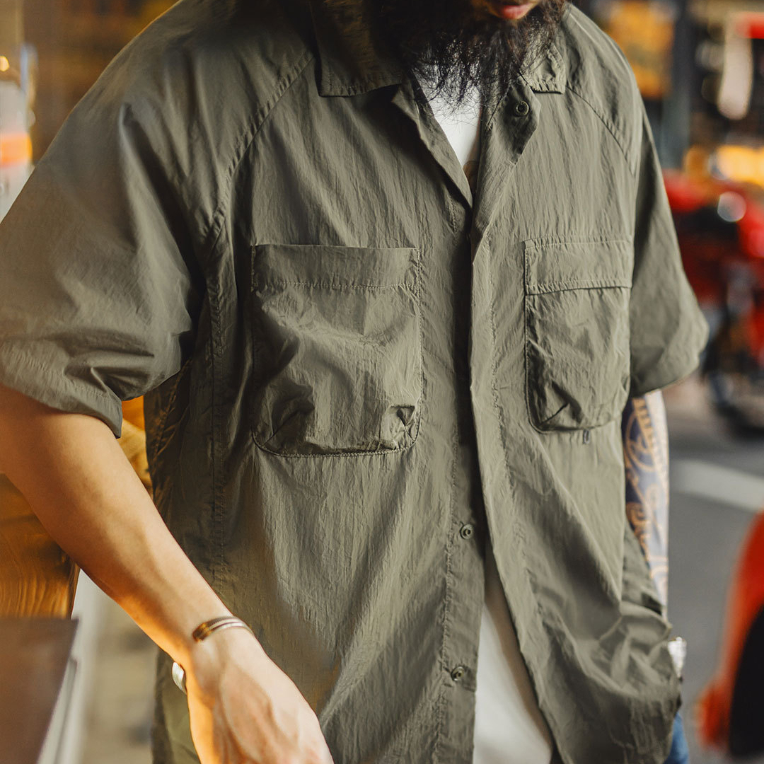 馬登工裝 山系戶外短袖襯衫速幹黃色肌理感薄款日系口袋襯衣男款夏