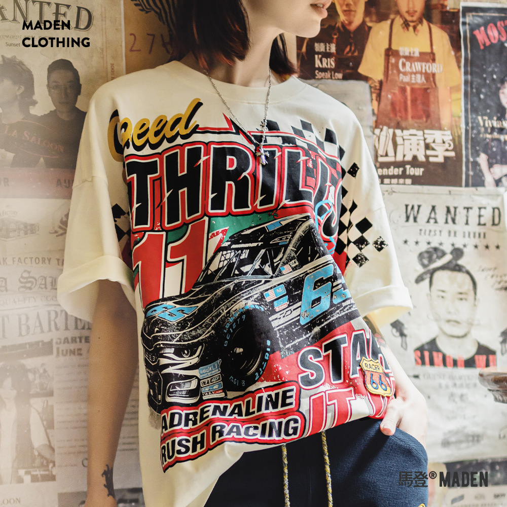 馬登女裝 復古Oversize賽車插畫落肩T恤高街慵懶寬鬆遮肉純棉短袖夏女
