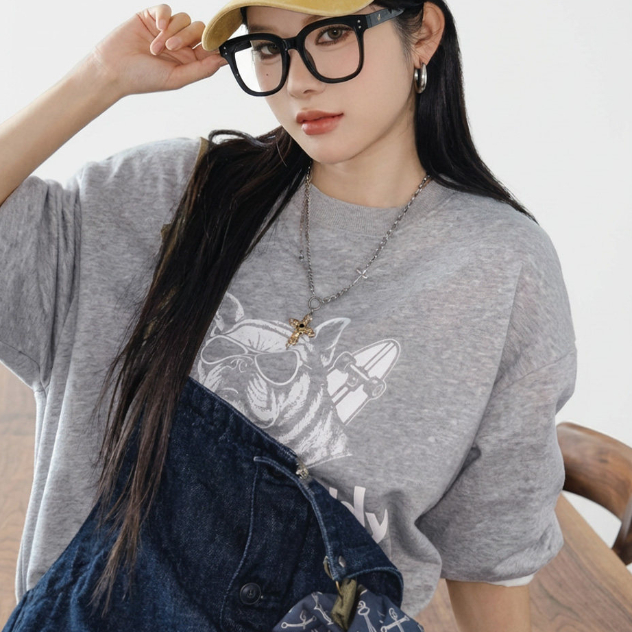 馬登女裝 美式復古灰色重磅套頭寬鬆印花衛衣長袖T恤上衣春秋