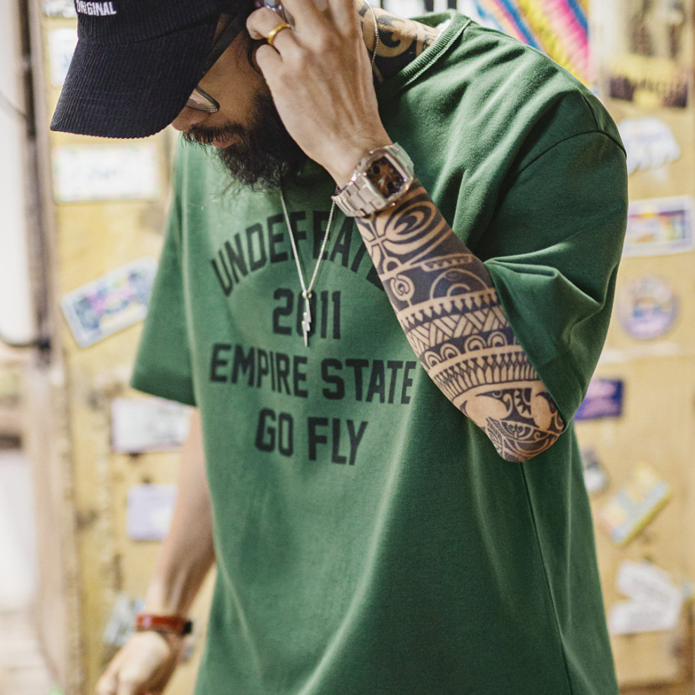 馬登工裝 美式章仔印花T恤綠色小眾圓領正肩設計感短袖上衣