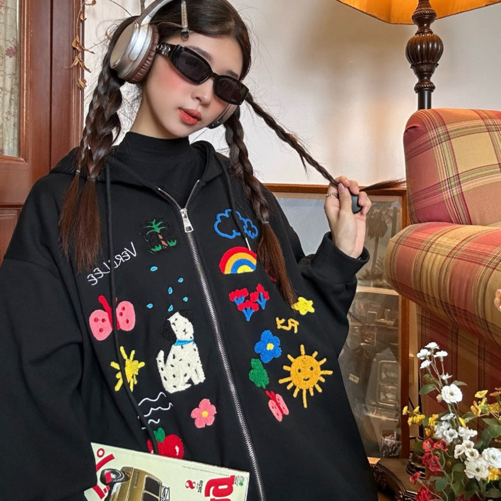 美式復古卡通毛巾繡拉鍊外套秋季休閒寬鬆連帽衛衣開衫外套
