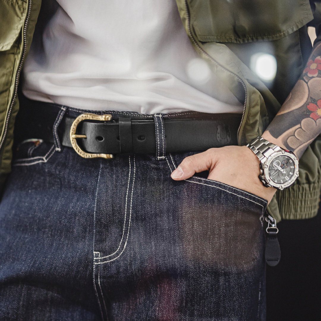 馬登工裝 美式復古黃銅扣頭皮帶頭層牛皮腰帶單針真皮褲腰帶男