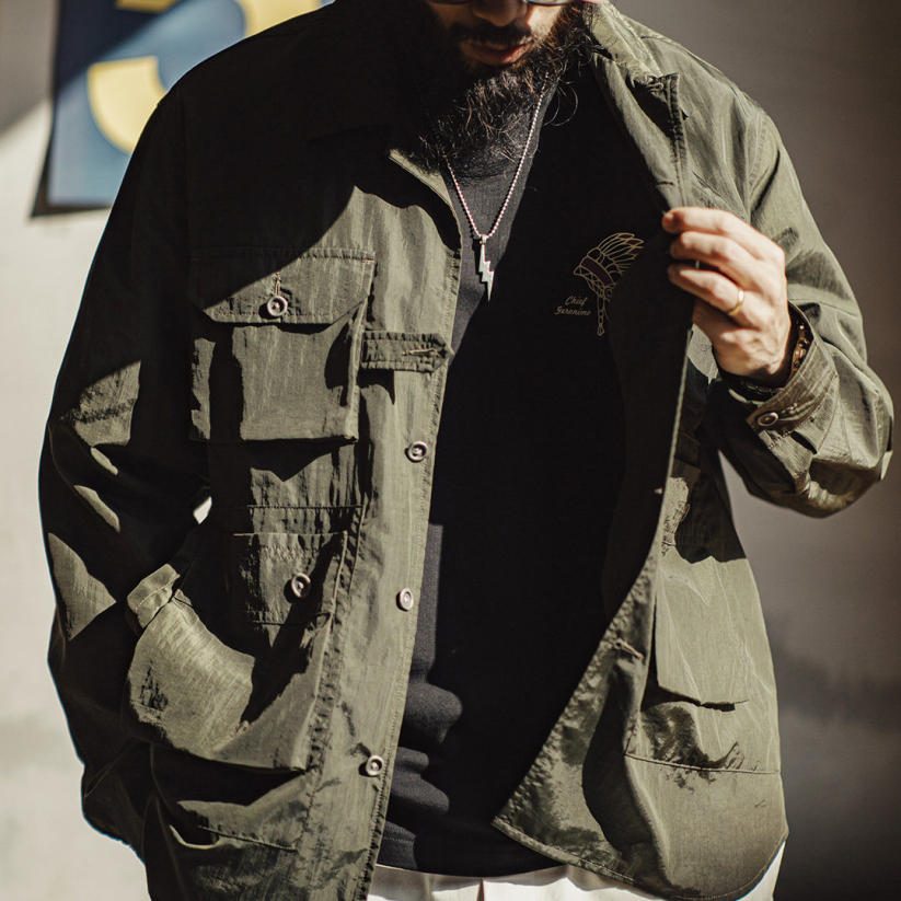 馬登工裝 美式復古獵裝襯衫薄款梭織多口袋軍綠色長袖襯衫外套男春