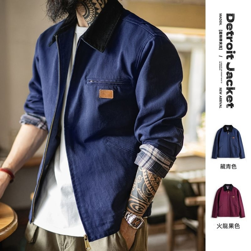馬登工裝 美式底特律藏青色夾克獵裝J001美式巴恩風翻領外套男秋冬