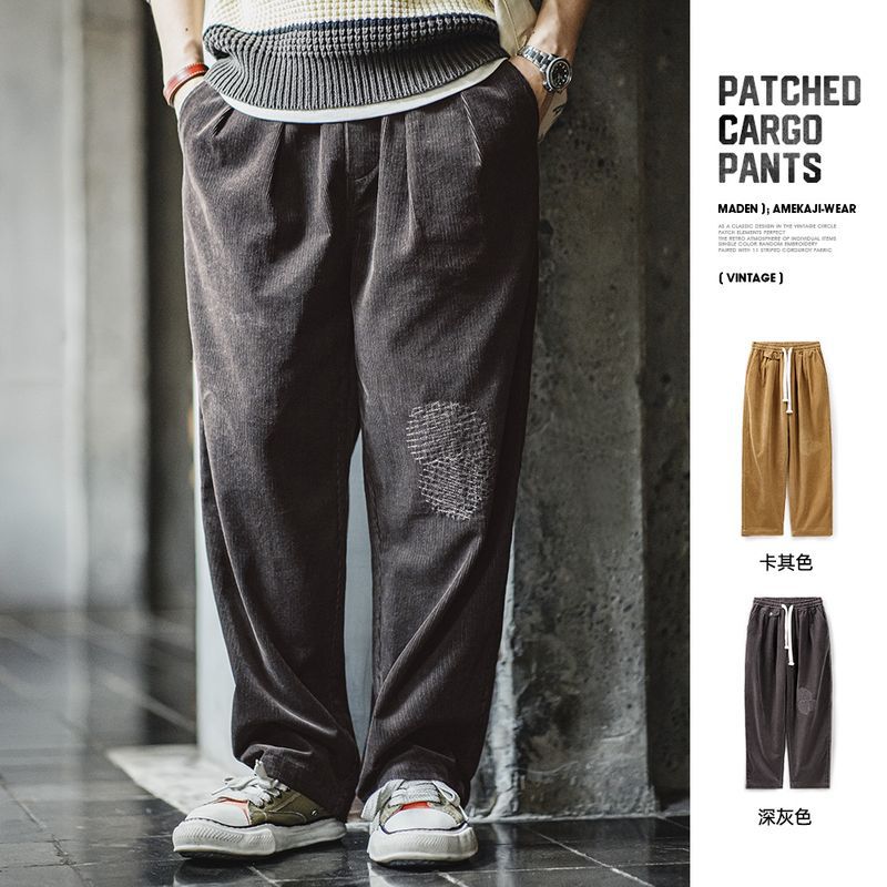 馬登工裝 美式復古燈芯絨補丁休閒褲vintage寬鬆闊腿直筒褲男秋冬