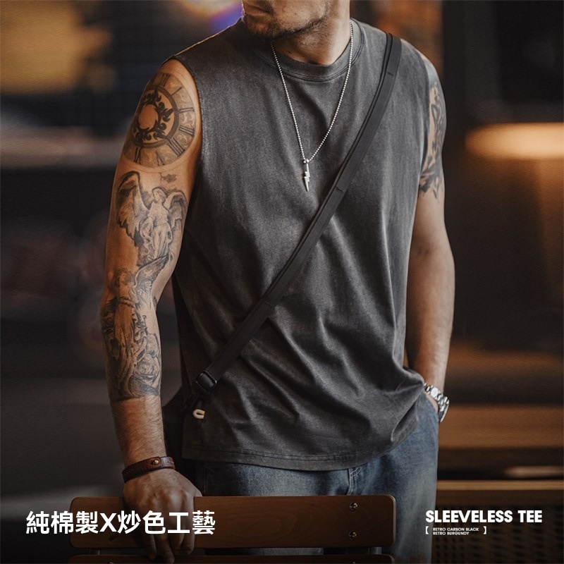 馬登工裝 美式復古硬漢做舊背心純棉運動健身打底坎肩無袖T恤夏