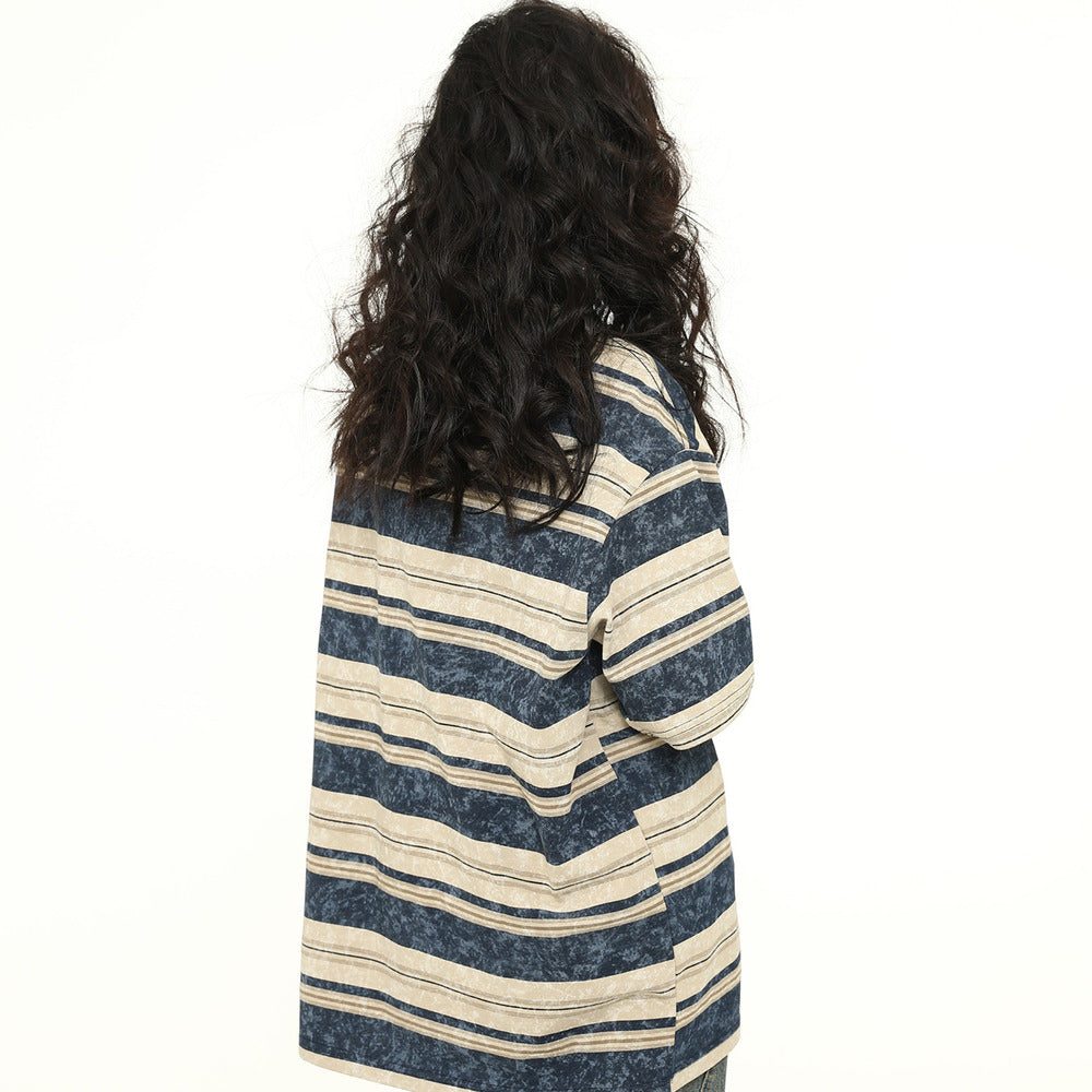 夏季新款美式復古條紋短袖T恤紮染設計感上衣潮