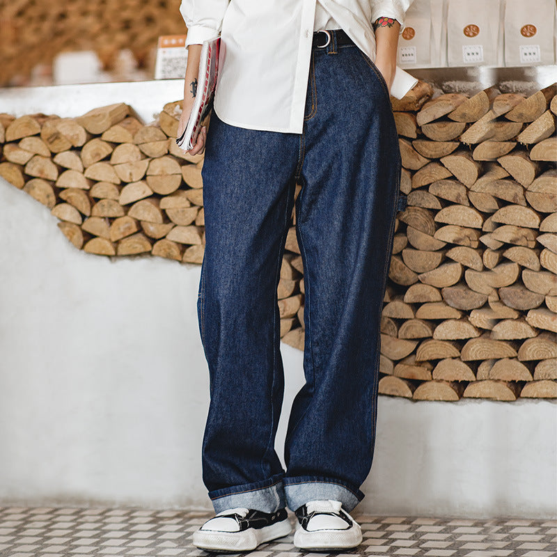 馬登女裝 美式復古工裝褲闊腿拖地丹寧牛仔褲慵懶寬鬆伐木褲