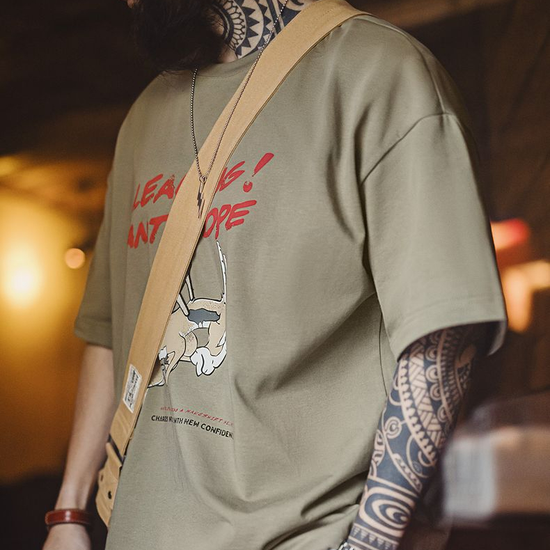 馬登工裝 美式復古立體刺繡T恤發泡印花重磅螺紋領口短袖男春夏