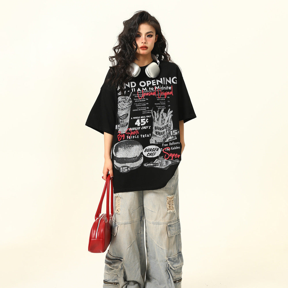 美式復古手繪印花短袖T恤Vintage寬鬆上衣潮