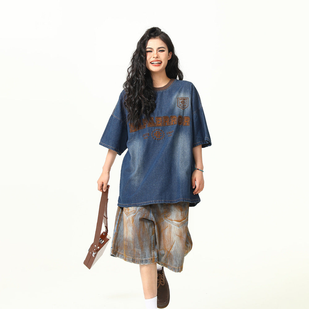 美式復古重工刺繡水洗牛仔短袖T恤女寬鬆夏半袖情侶上衣