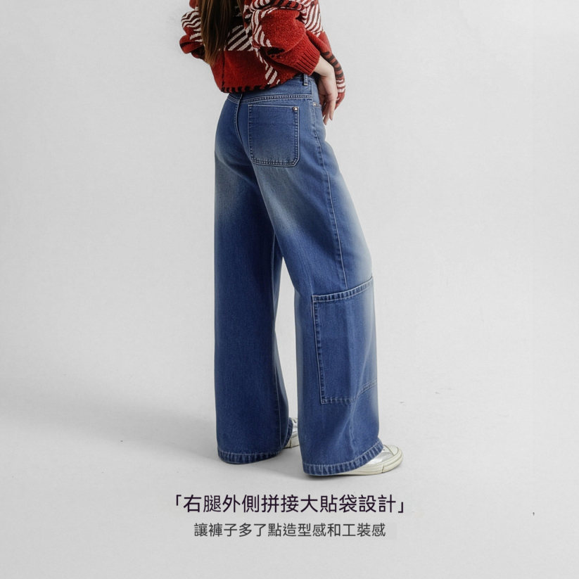 馬登女裝 丹寧藍色直筒拼接大口袋牛仔褲純棉闊腿工裝長褲子秋冬